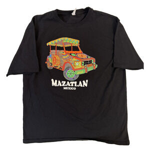 Mazatlan Mexico Shirt Mens XL Black Huichol Art Pulmonia Taxi Beaded Graphic Tee